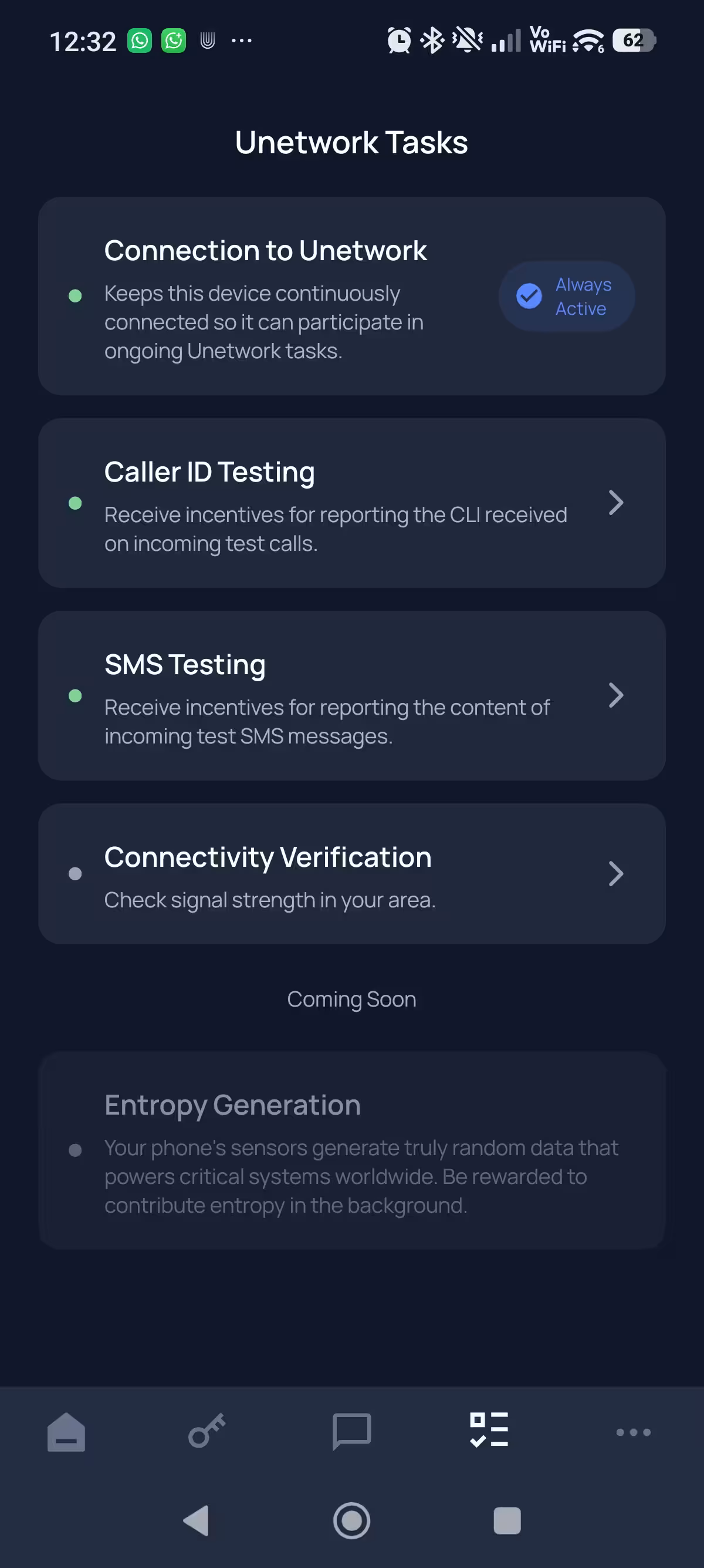Unetwork App screen showing available network tasks