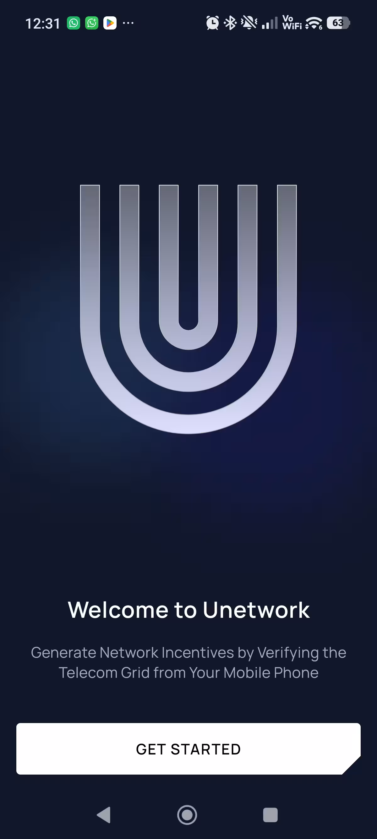 Welcome screen in the Unetwork app