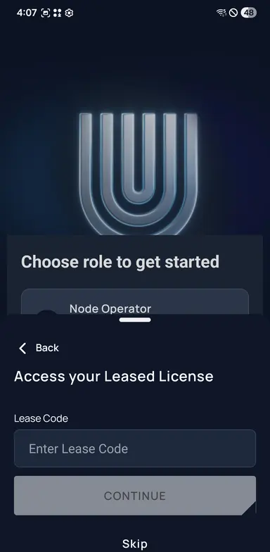 Unetwork screen for entering the lease code