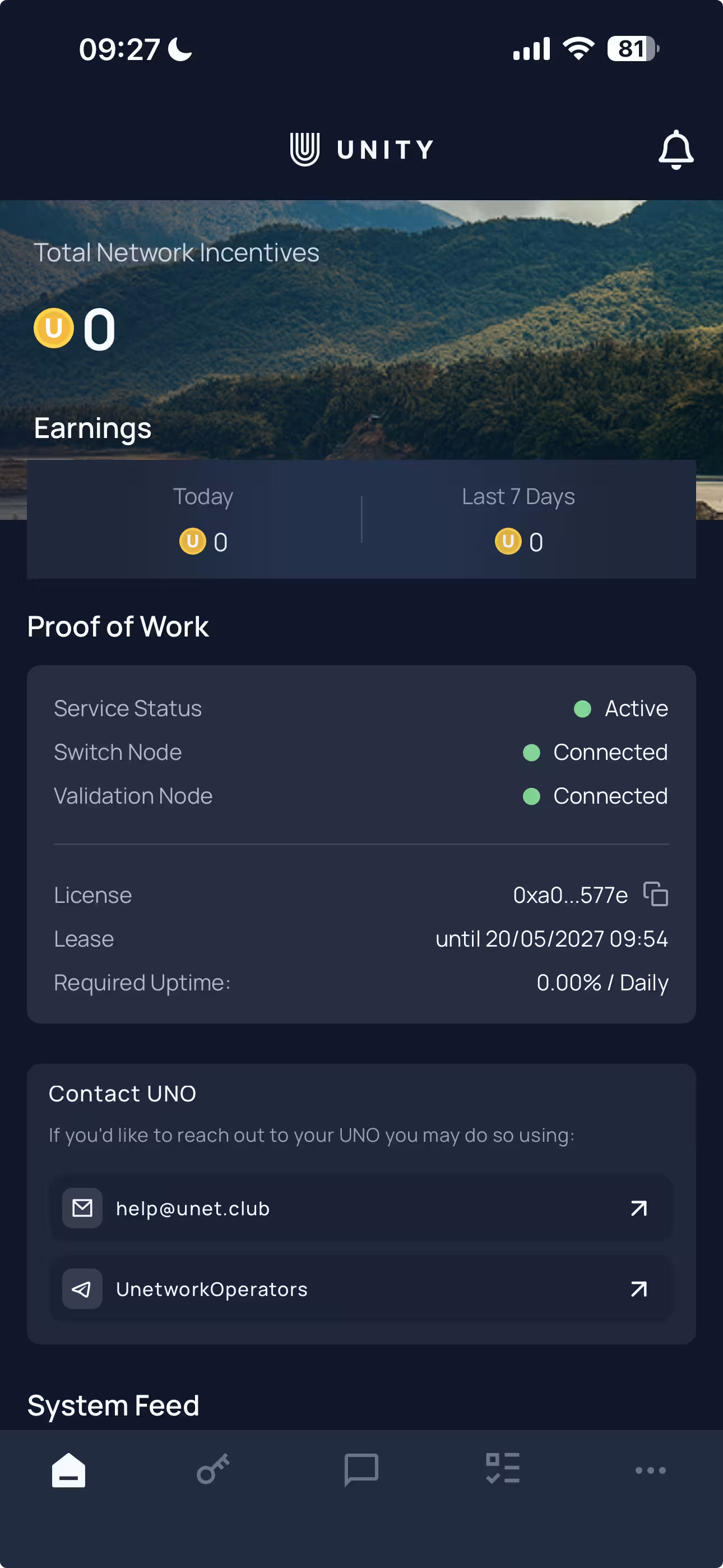 Rewards dashboard in the Unetwork app
