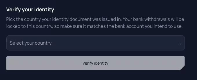 Écran Unetwork de sélection du pays pour la vérification d'identité avant retrait bancaire