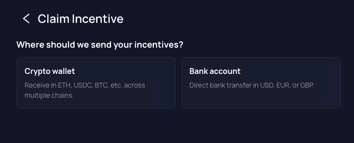 Écran Unetwork avec les options de destination Crypto wallet et Bank account